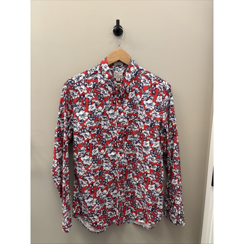 J. Crew Shirt M Men's Secret Wash 98% Organic Cotton Stretch Red Blue Floral